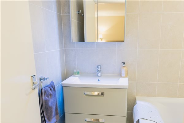 Room 5 bathroom sink and mirrored cabinet